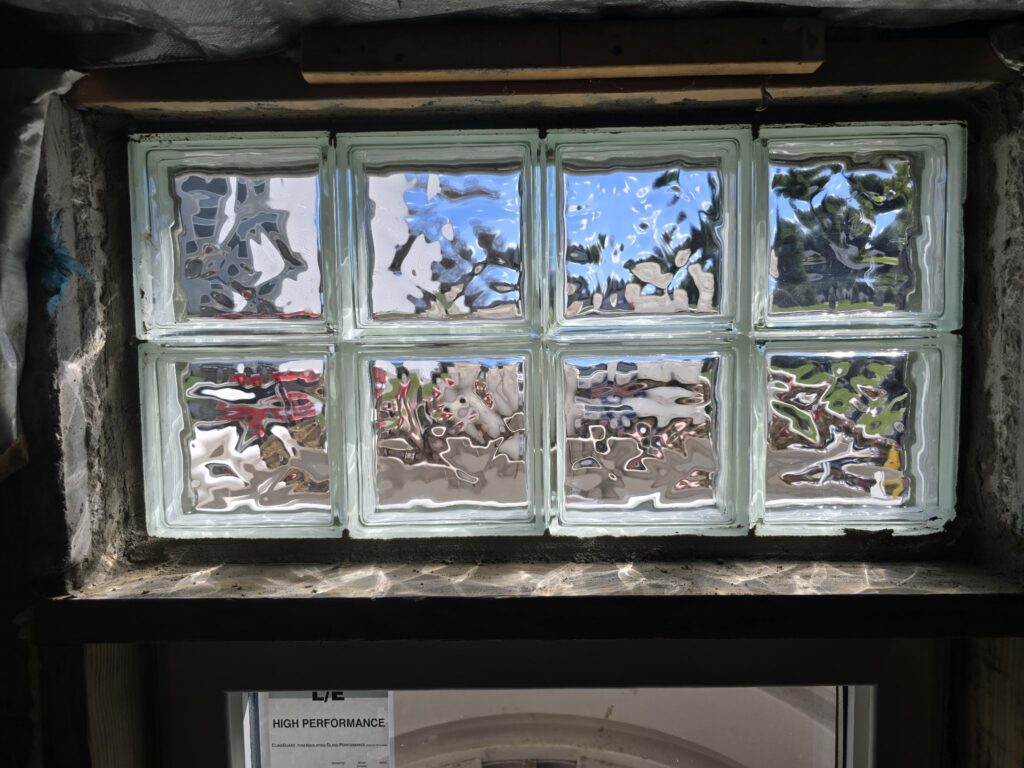 Interior glass block window at an angle