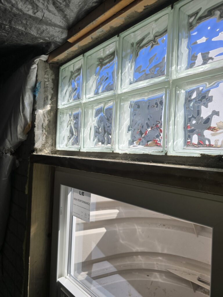 Close-up of interior glass block window